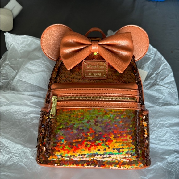 Loungefly Disney Minnie Mouse Orange Peach Punch Sequined Mini Backpack - Picture 6 of 7